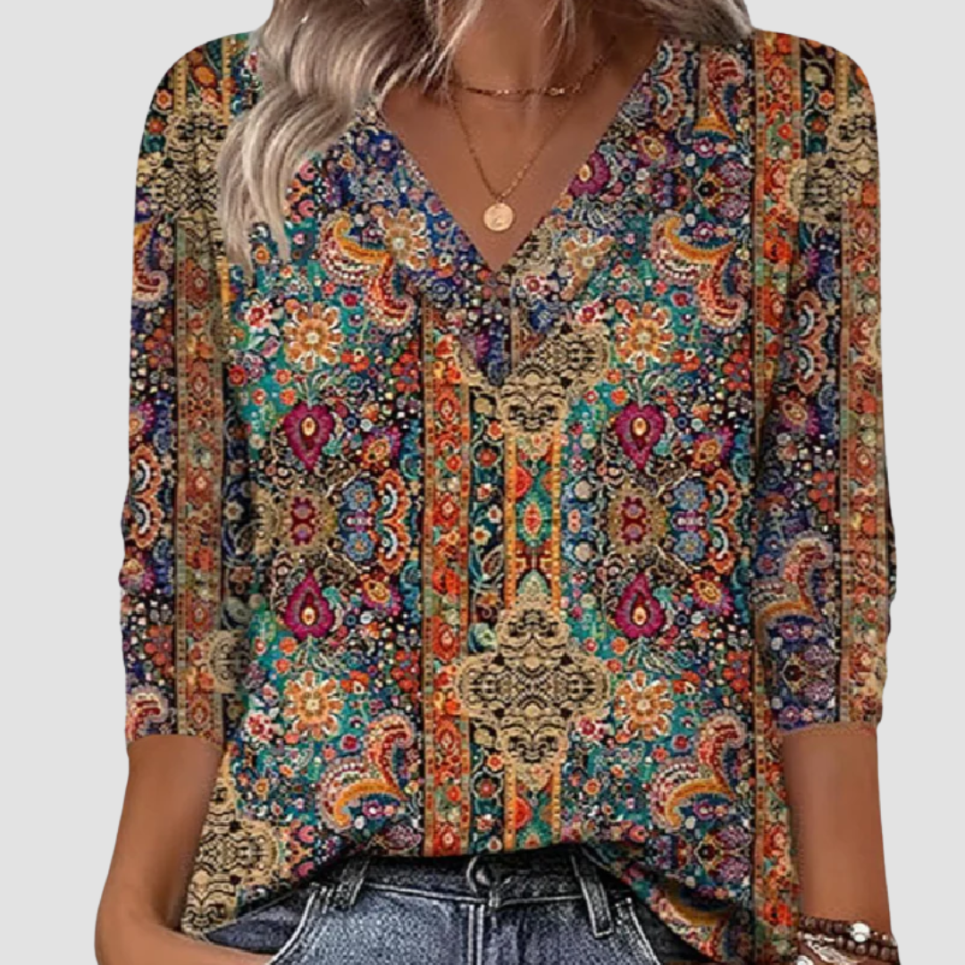Julianne | Retro Printed V-Neck Blouse