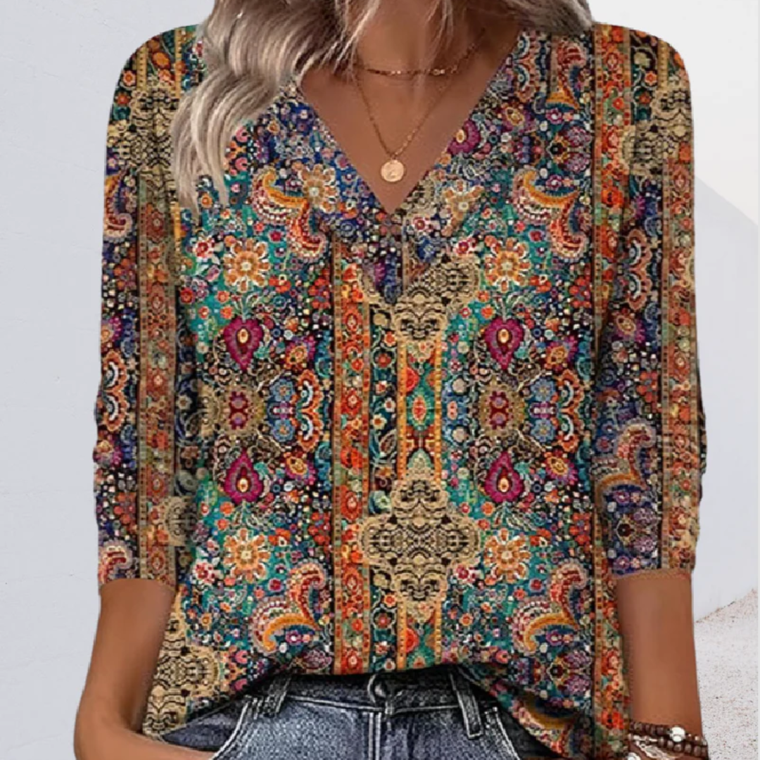 Julianne | Retro Printed V-Neck Blouse