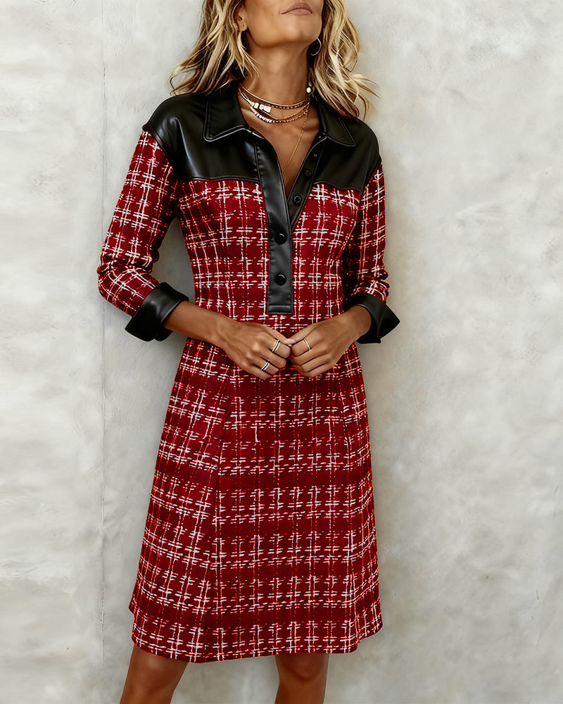 Marcele | Long-Sleeve Patchwork Houndstooth Dress
