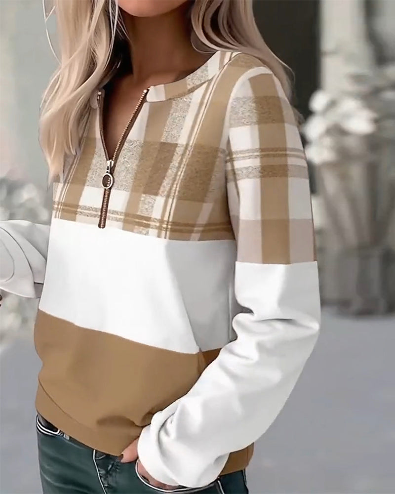 Aubrielle | Plaid Contrast V-Neck Sweatshirt