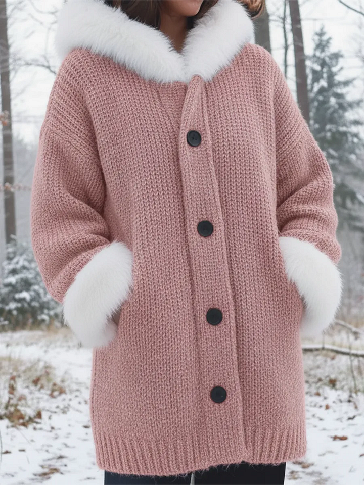 Nodia | Fur Trim Knitted Hooded Coat