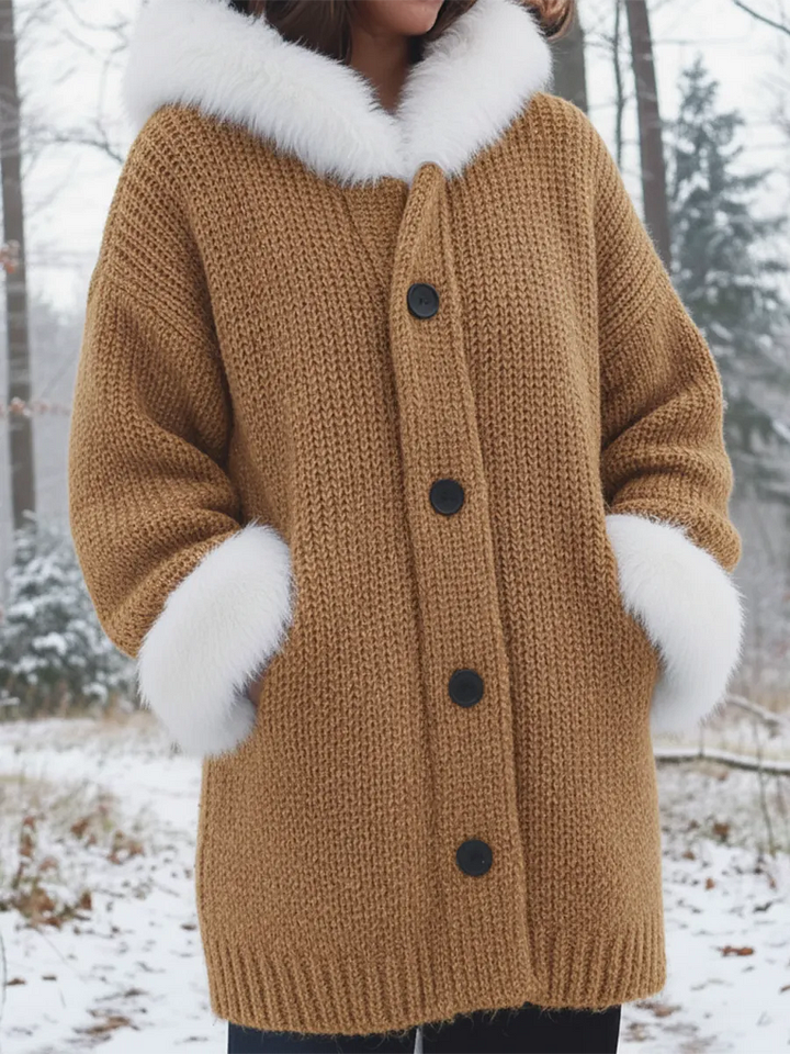 Nodia | Fur Trim Knitted Hooded Coat