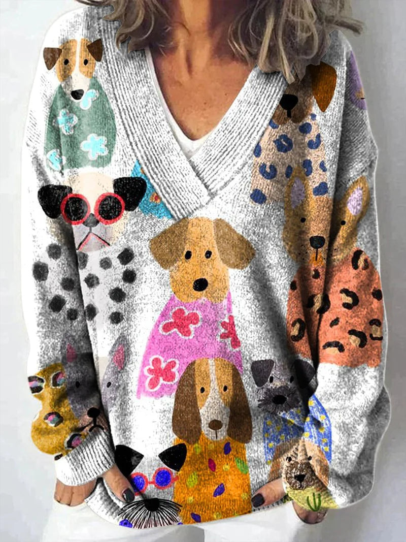 Maribelle | Dog Print Knit V-Neck Sweater