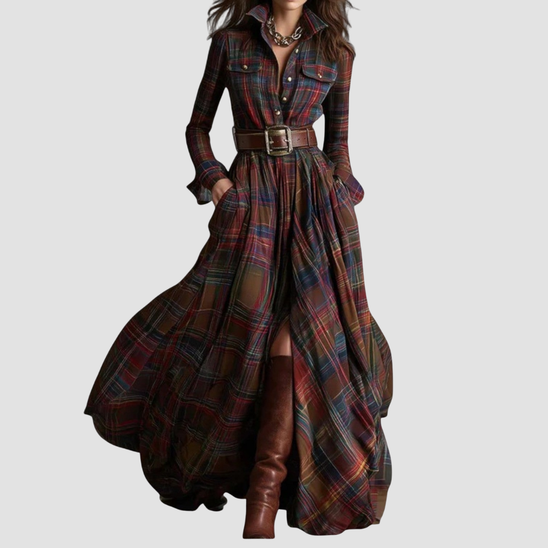 Elora | Belted Plaid Maxi Dress
