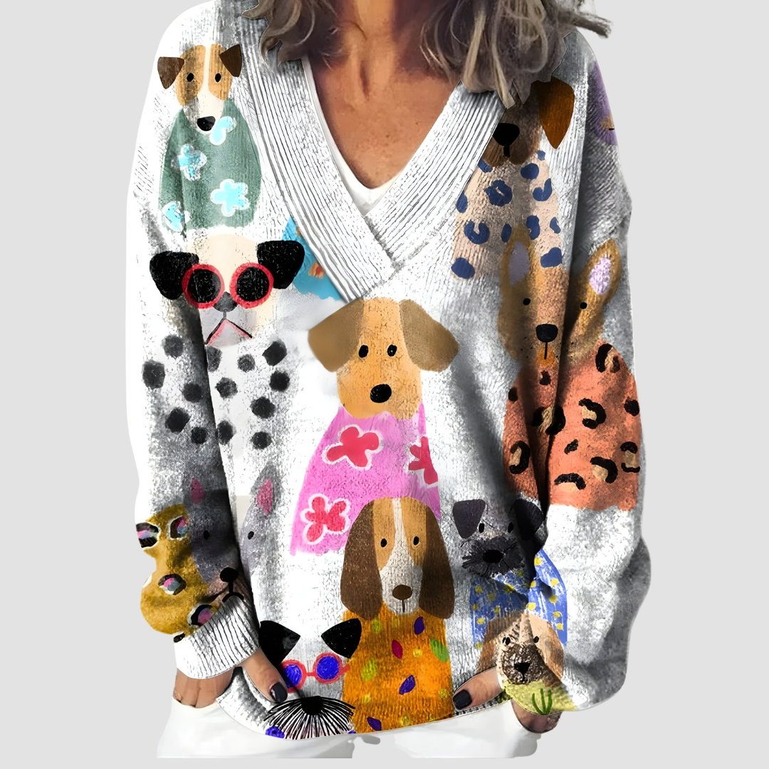 Maribelle | Dog Print Knit V-Neck Sweater
