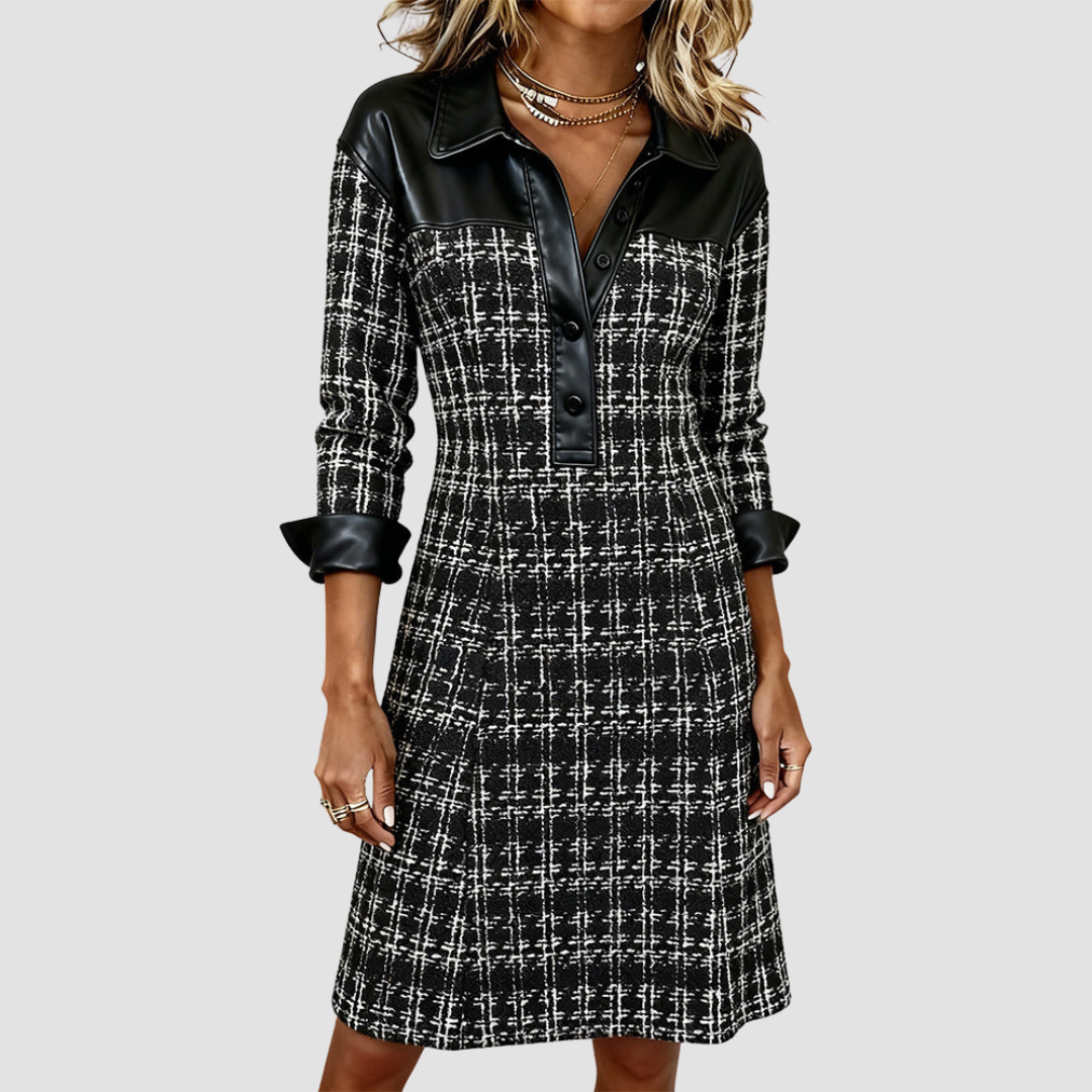 Marcele | Long-Sleeve Patchwork Houndstooth Dress