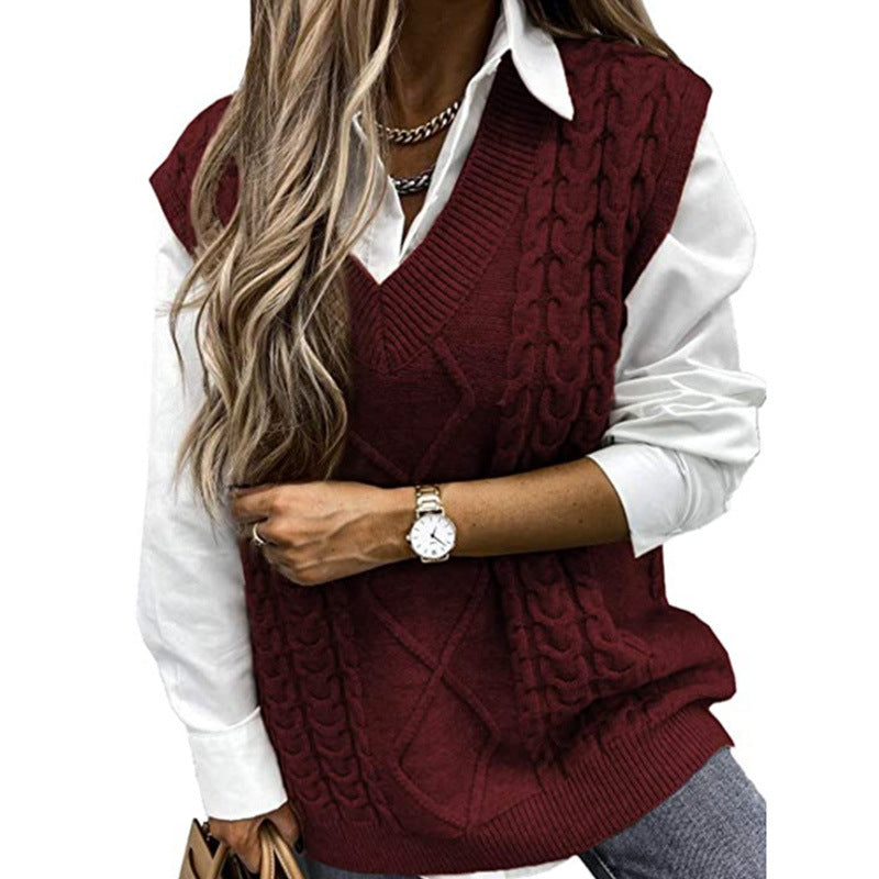 Hannah | Preppy Textured V-Neck Knit Vest