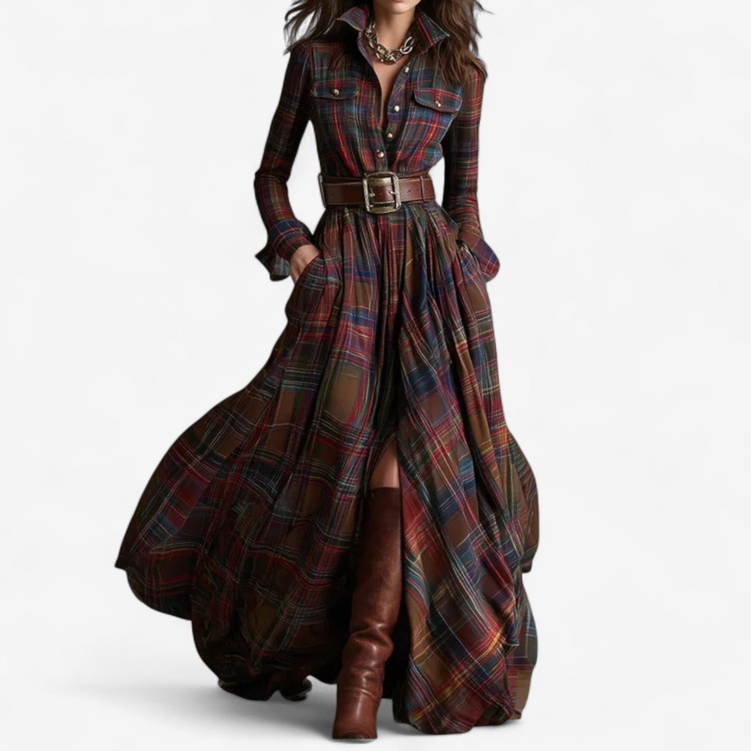 Elora | Belted Plaid Maxi Dress
