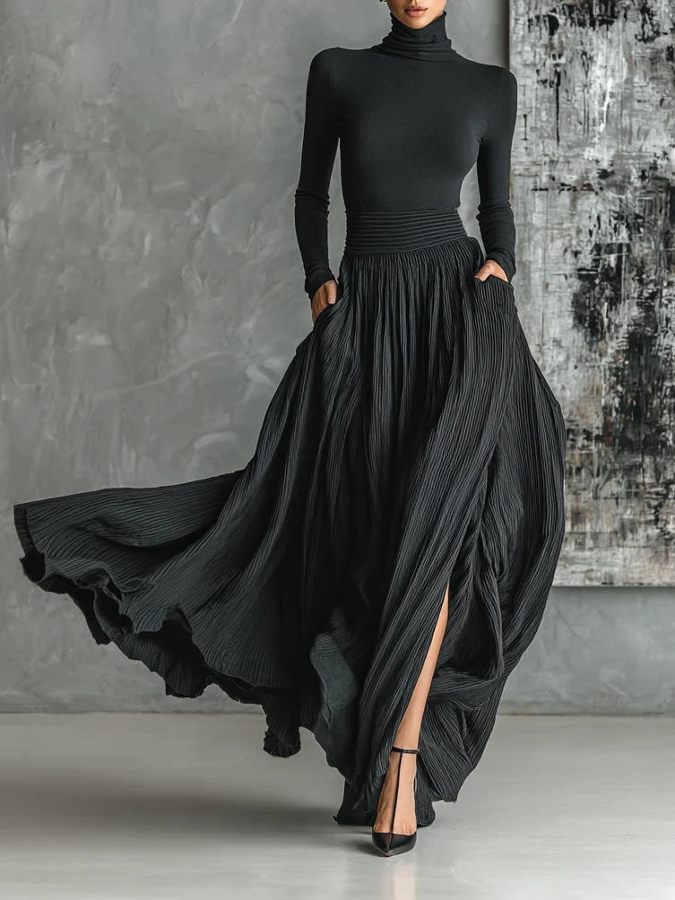 Cybele | Black Turtleneck & Pleated Skirt Set