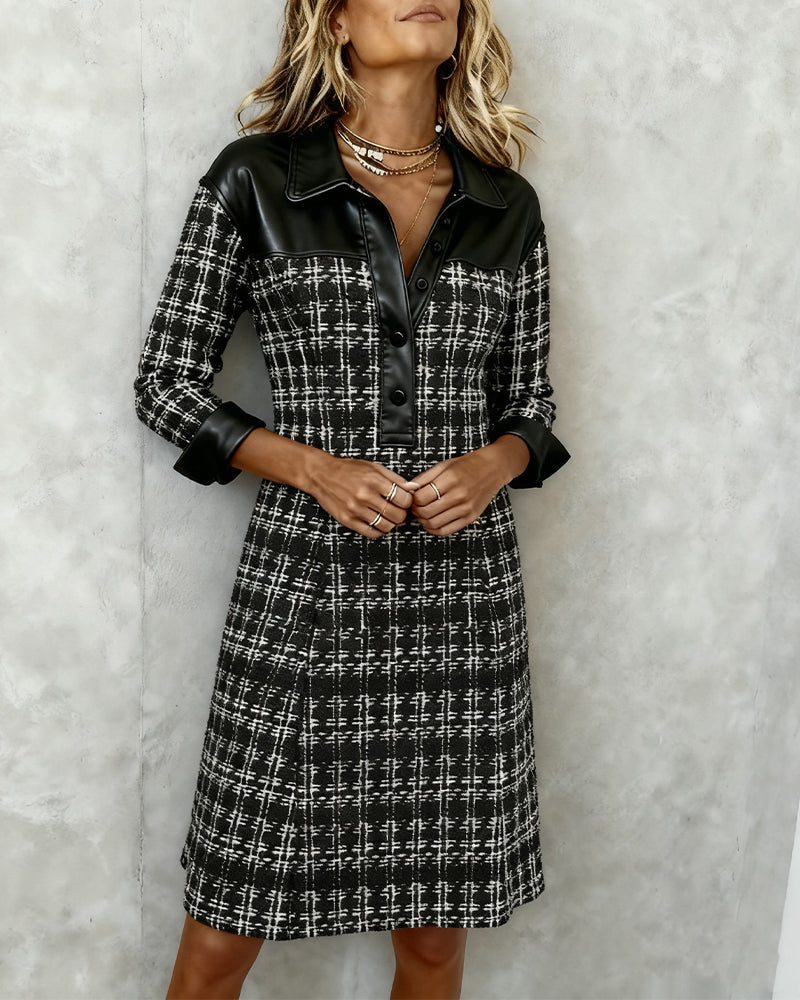 Marcele | Long-Sleeve Patchwork Houndstooth Dress