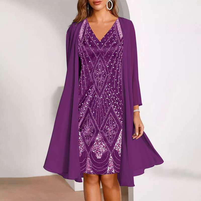Samantha | V-Neck Dress & Sheer Long Matching Jacket Set
