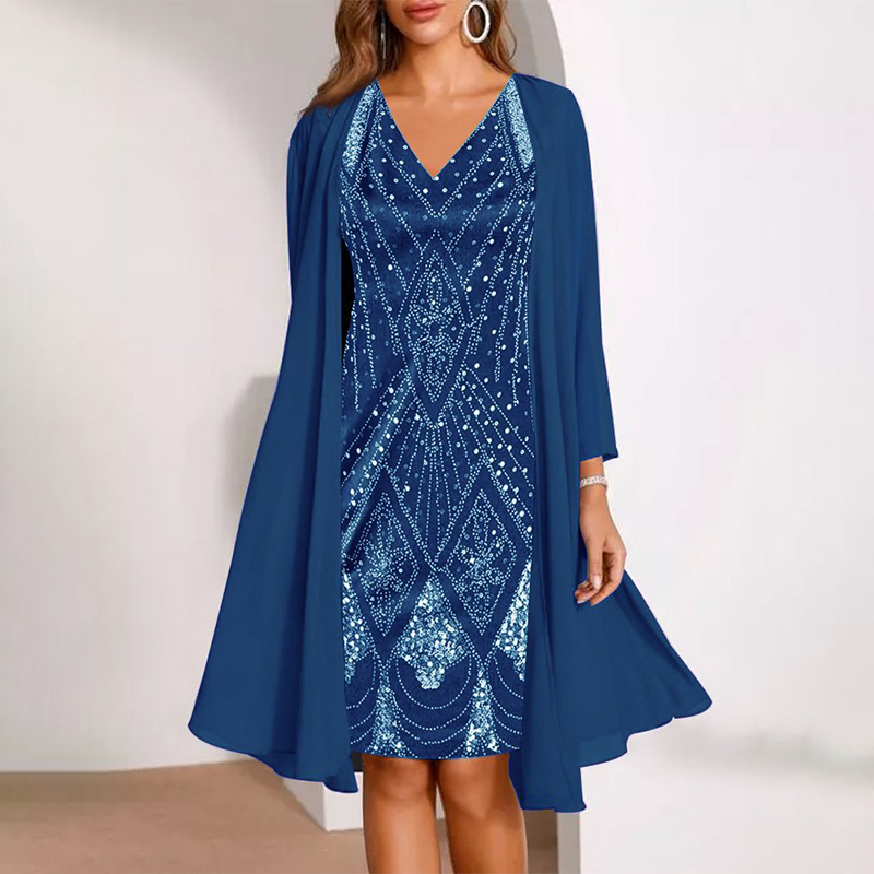 Samantha | V-Neck Dress & Sheer Long Matching Jacket Set