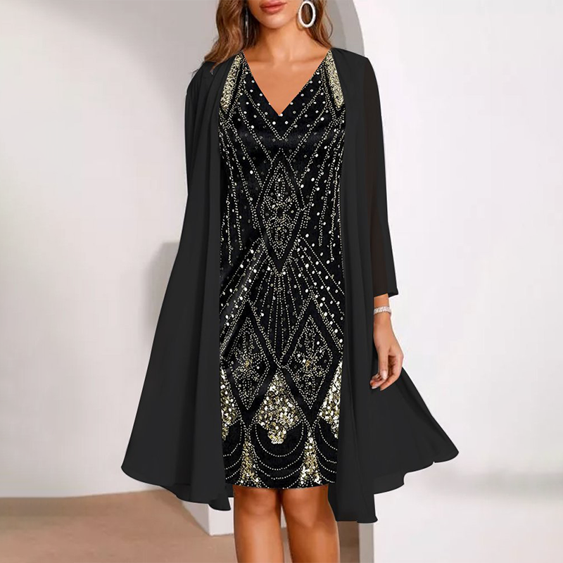 Samantha | V-Neck Dress & Sheer Long Matching Jacket Set