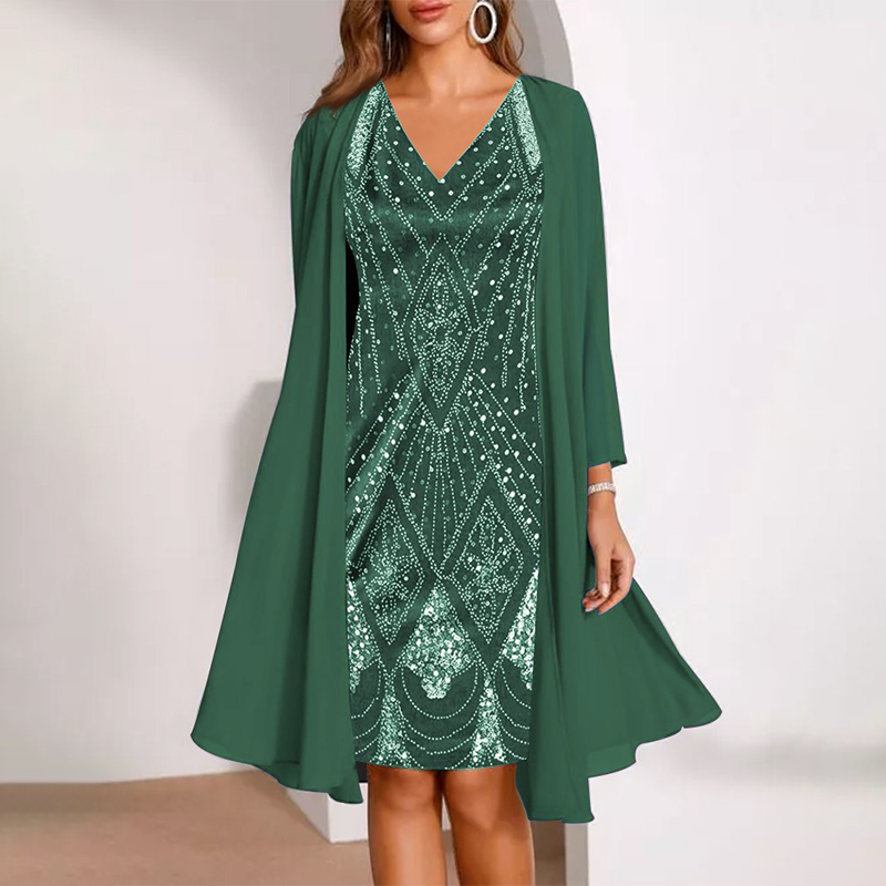 Samantha | V-Neck Dress & Sheer Long Matching Jacket Set