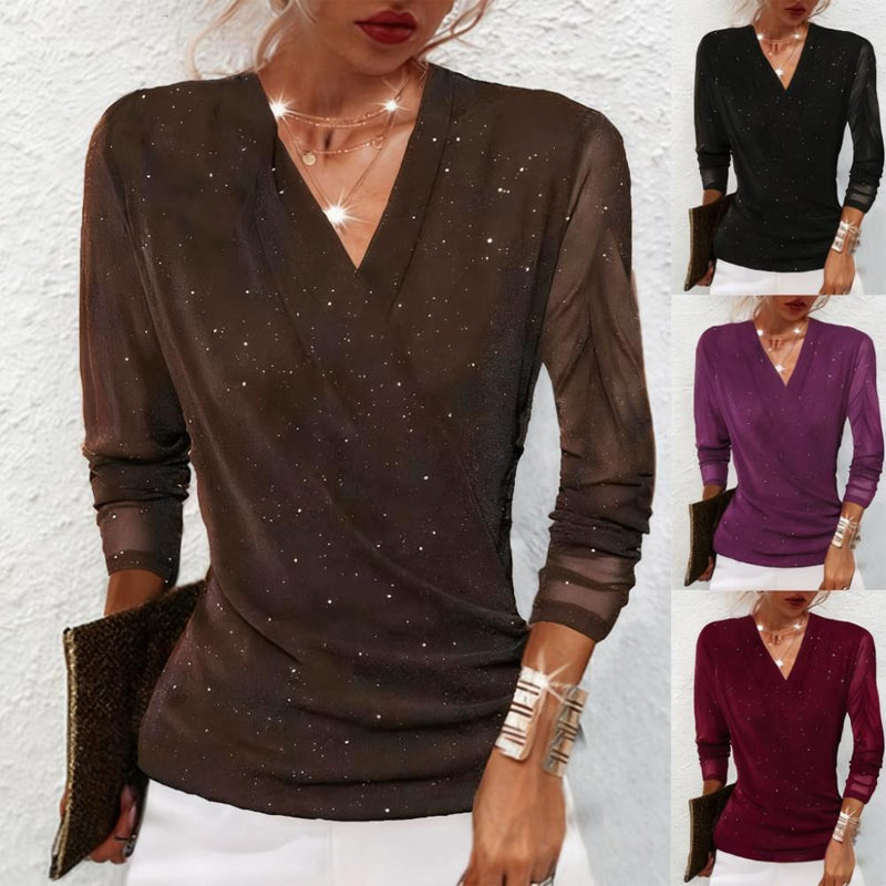 Althea | Sparkling Crossover V-Neck Mesh Sleeve Top