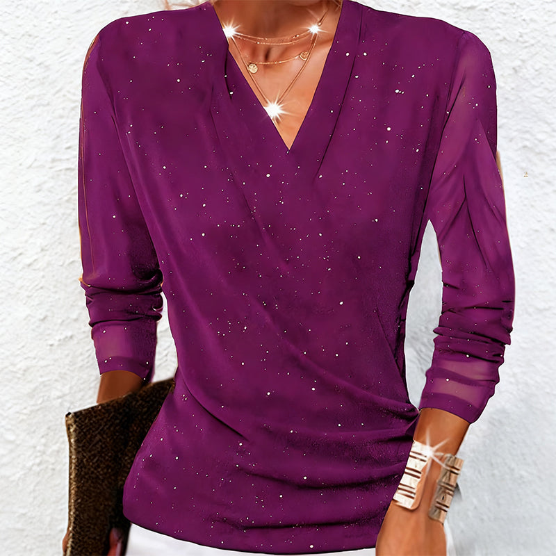 Althea | Sparkling Crossover V-Neck Mesh Sleeve Top