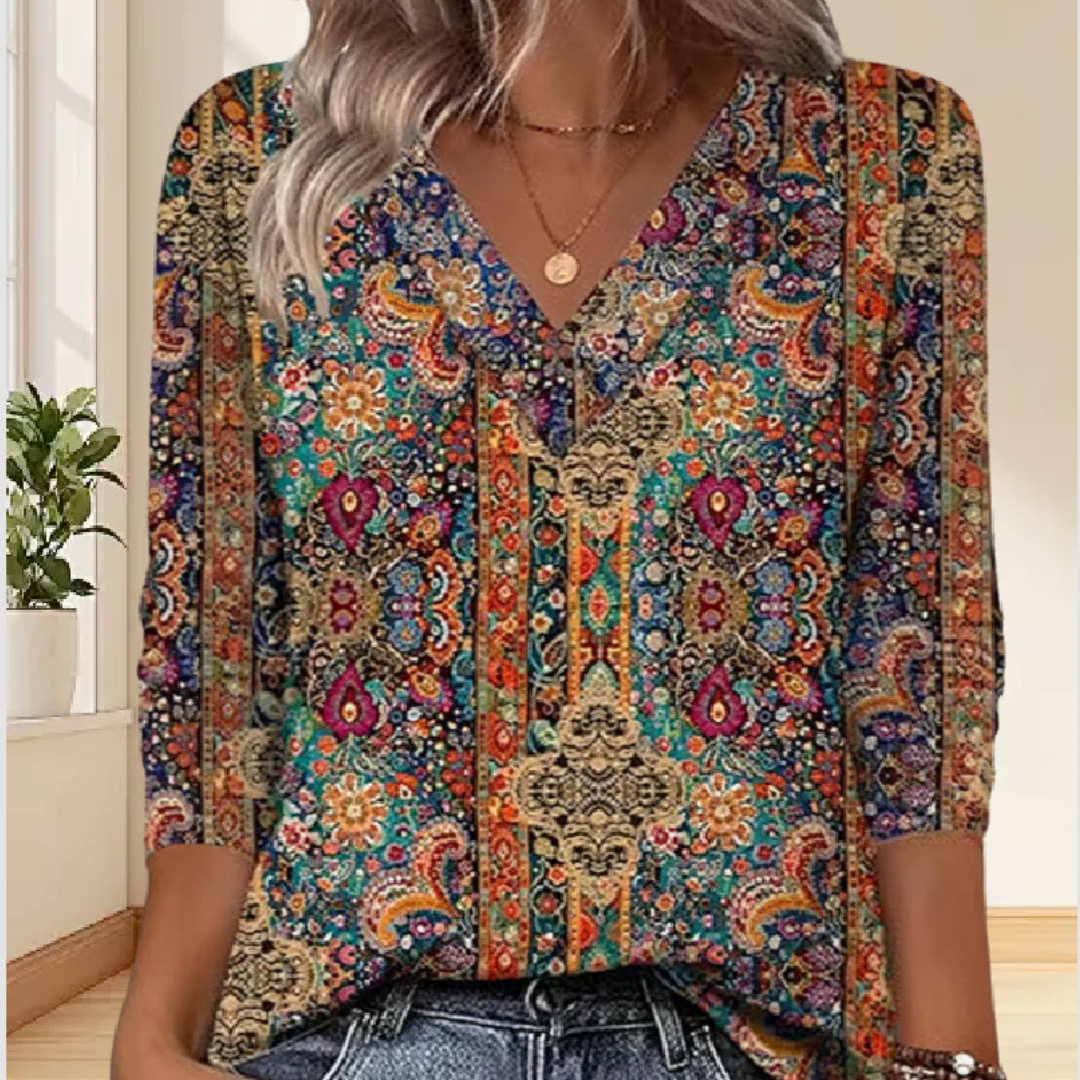 Julianne | Retro Printed V-Neck Blouse
