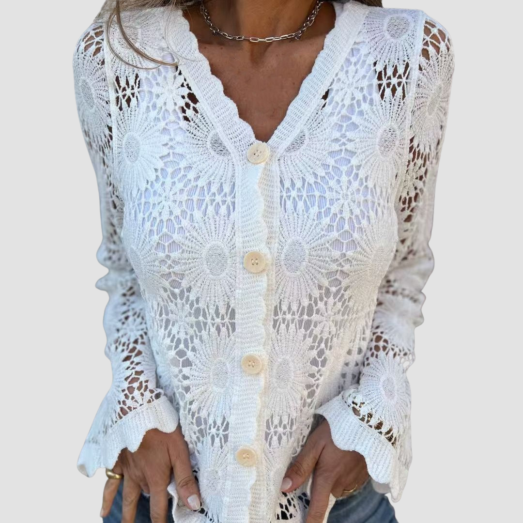 Laria | Elegant Lace V-Neck Long-Sleeve Top