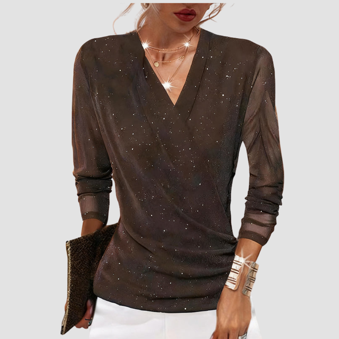 Althea | Sparkling Crossover V-Neck Mesh Sleeve Top
