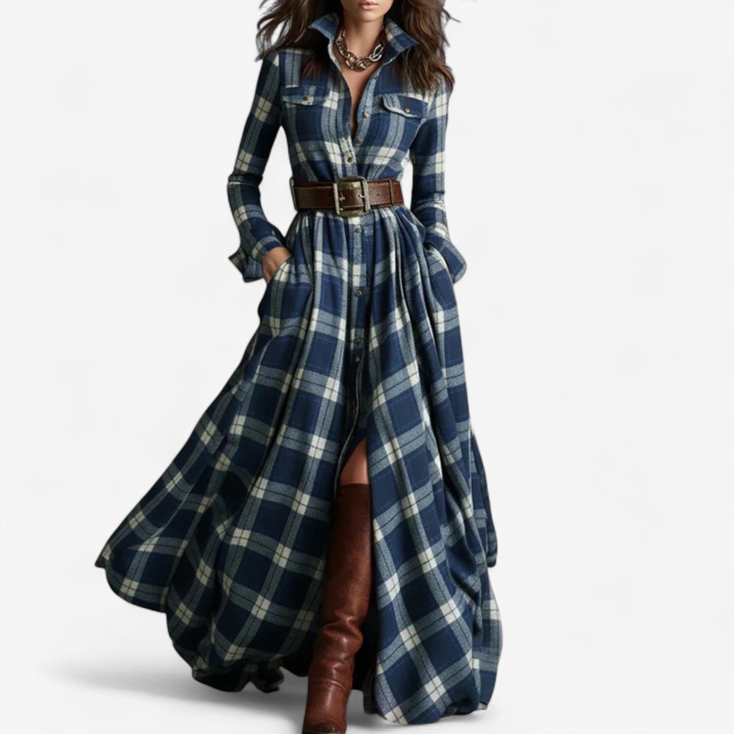Elora | Belted Plaid Maxi Dress
