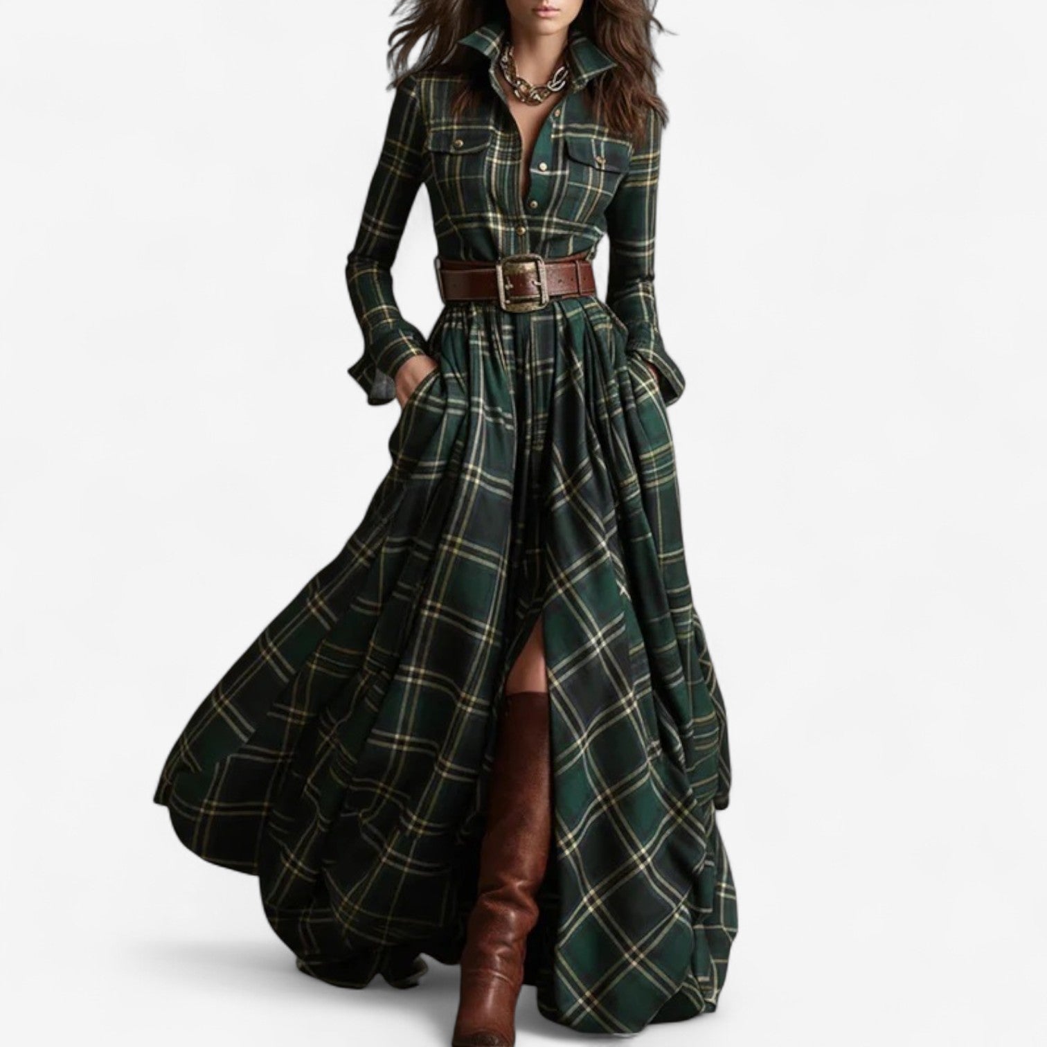 Elora | Belted Plaid Maxi Dress