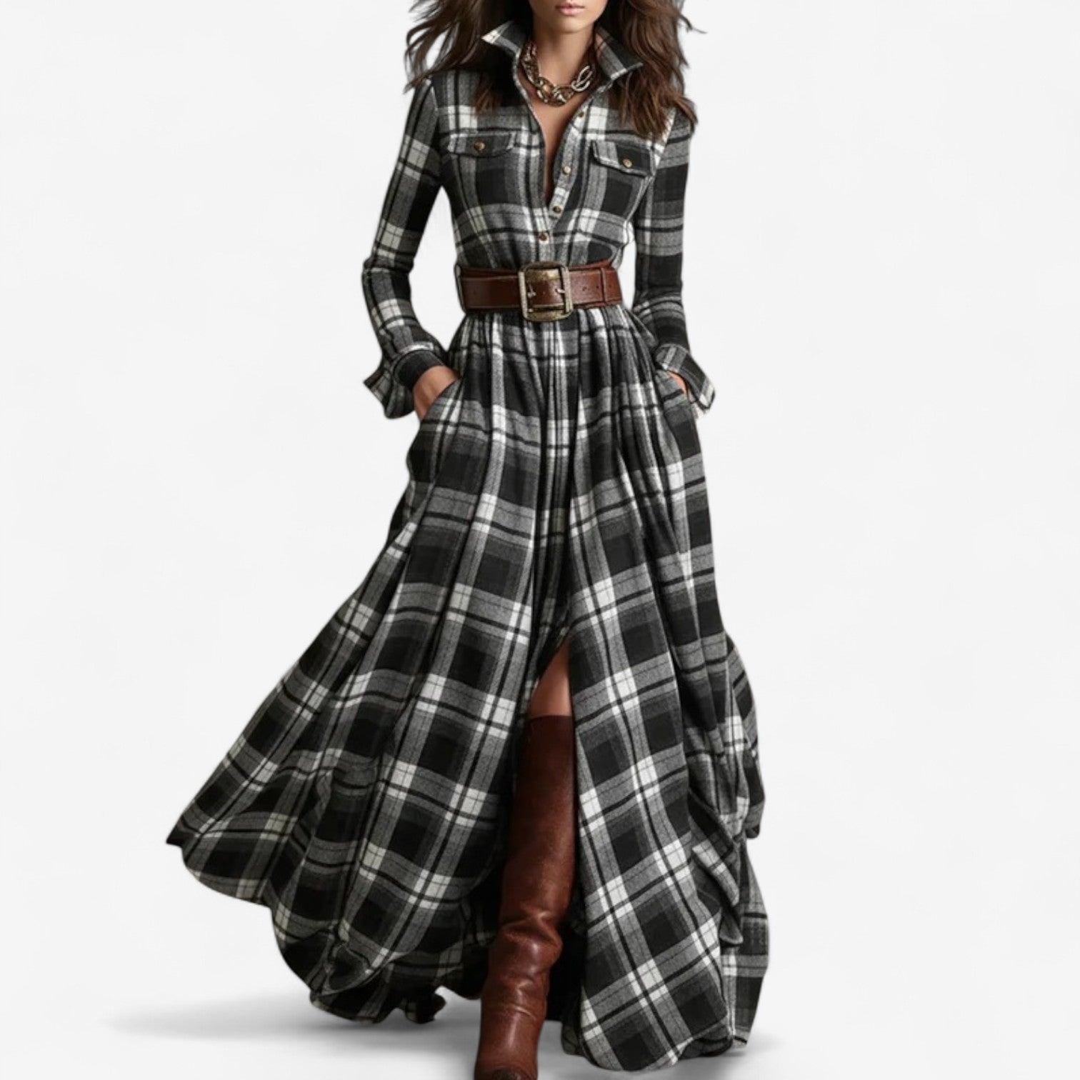 Elora | Belted Plaid Maxi Dress
