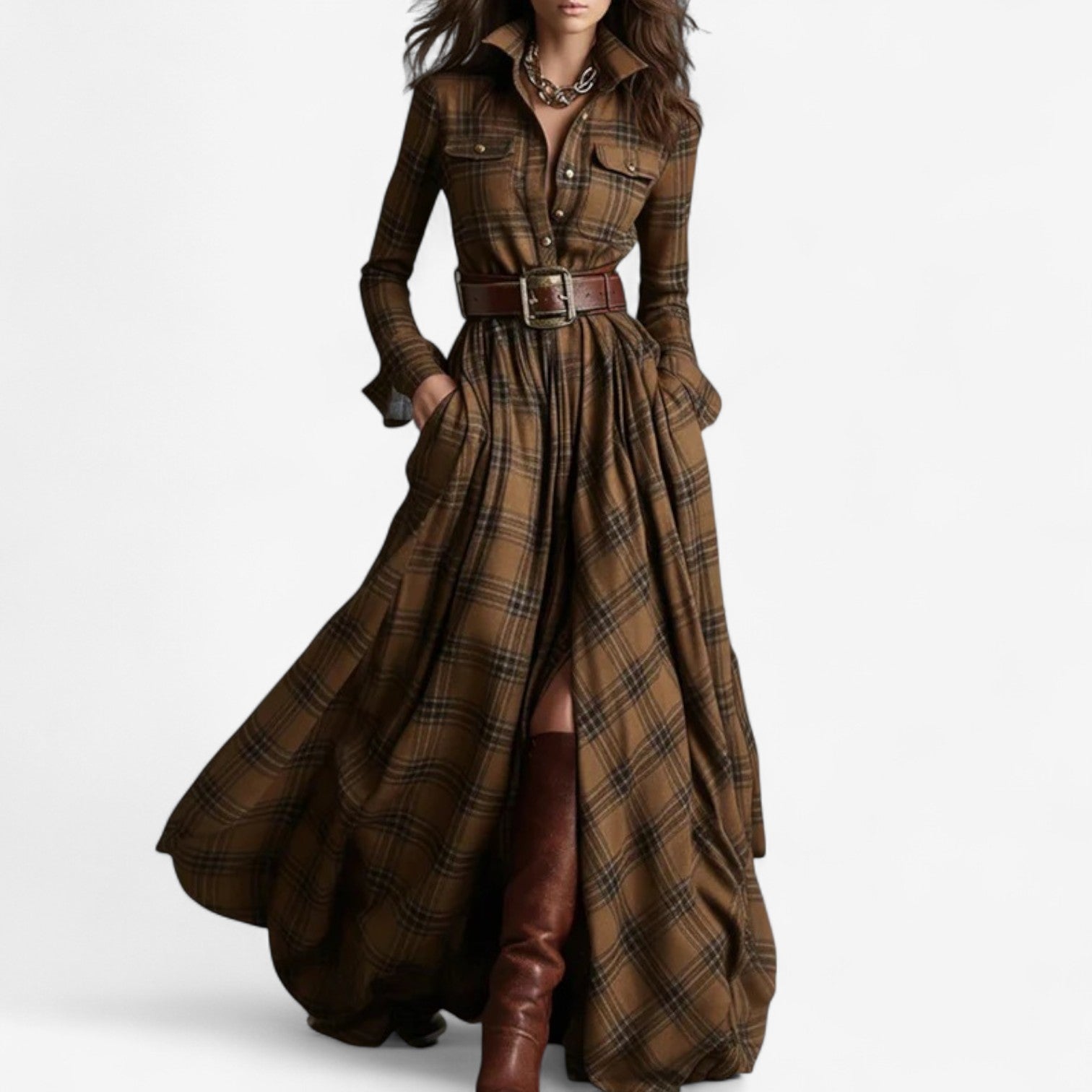 Elora | Belted Plaid Maxi Dress