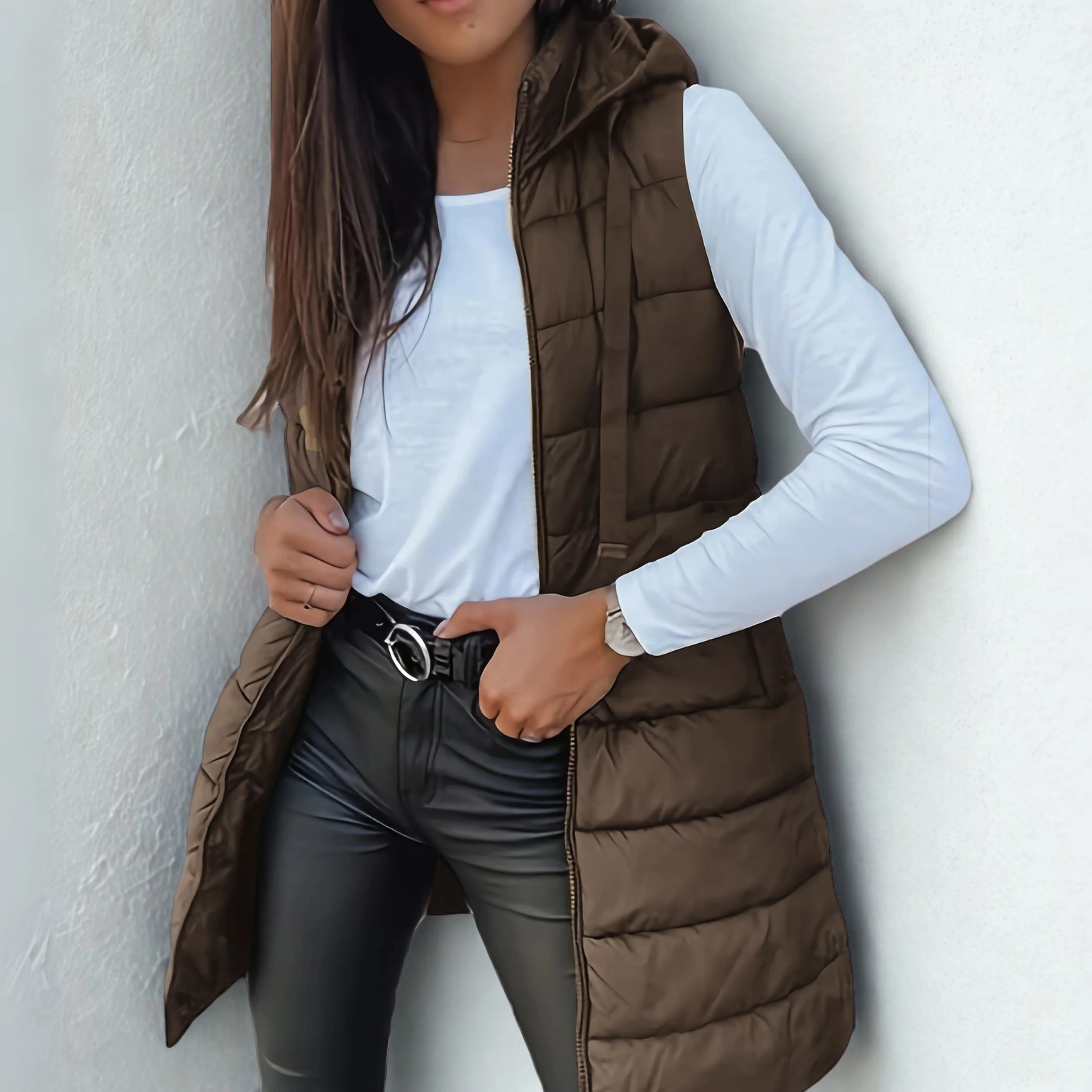 Rain | Casual Sleeveless Hood Long Puffer Vest