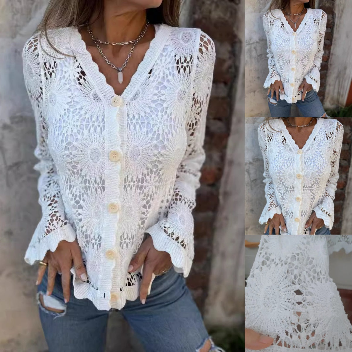 Laria | Elegant Lace V-Neck Long-Sleeve Top