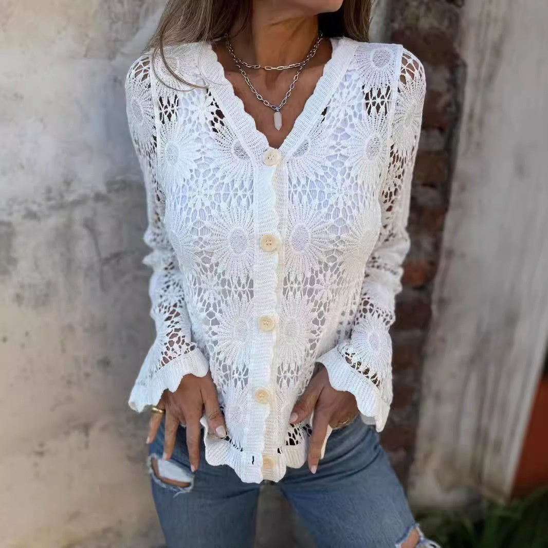 Laria | Elegant Lace V-Neck Long-Sleeve Top