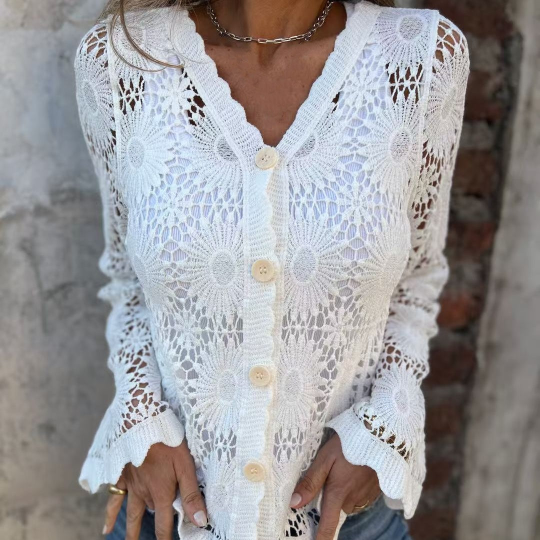 Laria | Elegant Lace V-Neck Long-Sleeve Top
