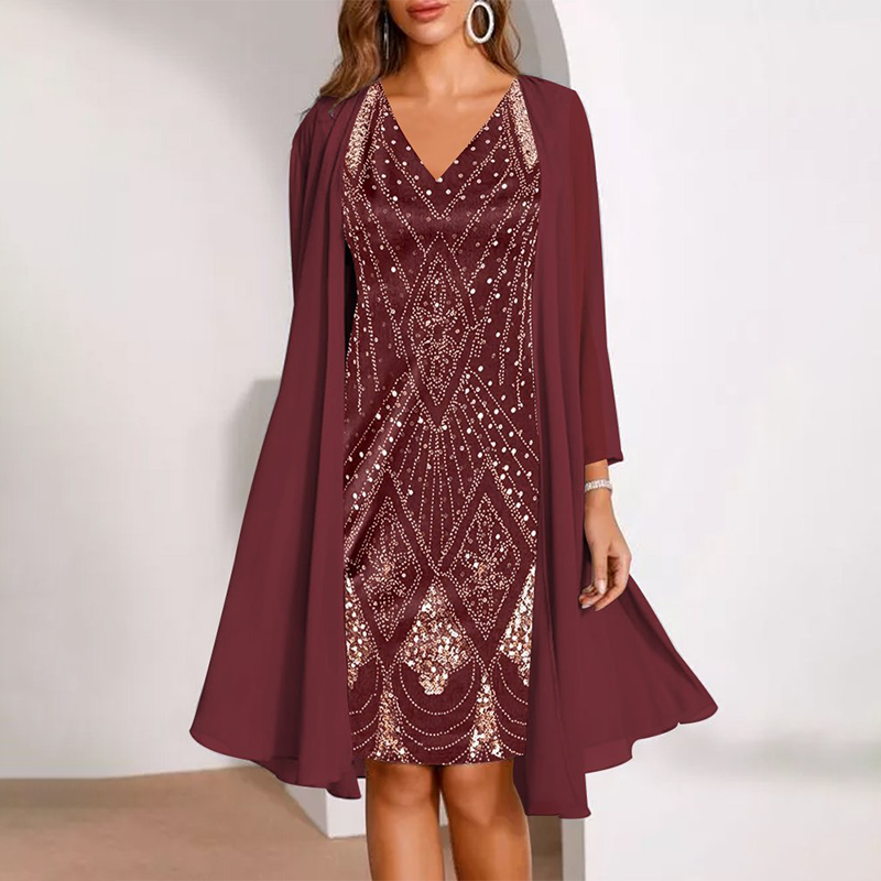 Samantha | V-Neck Dress & Sheer Long Matching Jacket Set