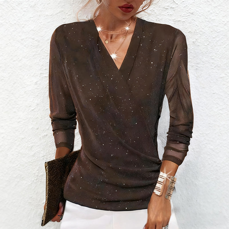 Althea | Sparkling Crossover V-Neck Mesh Sleeve Top