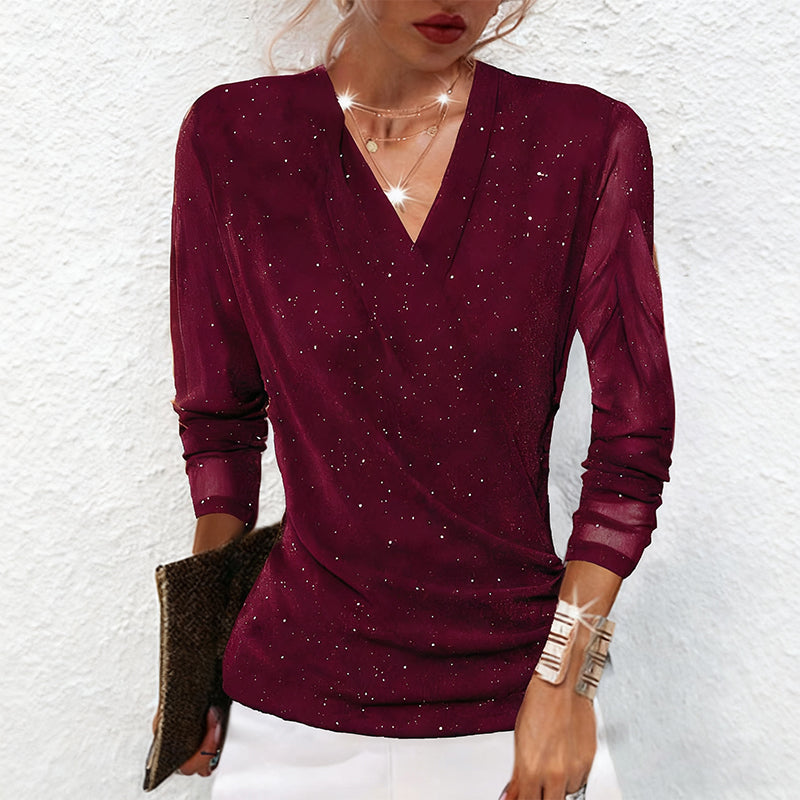 Althea | Sparkling Crossover V-Neck Mesh Sleeve Top