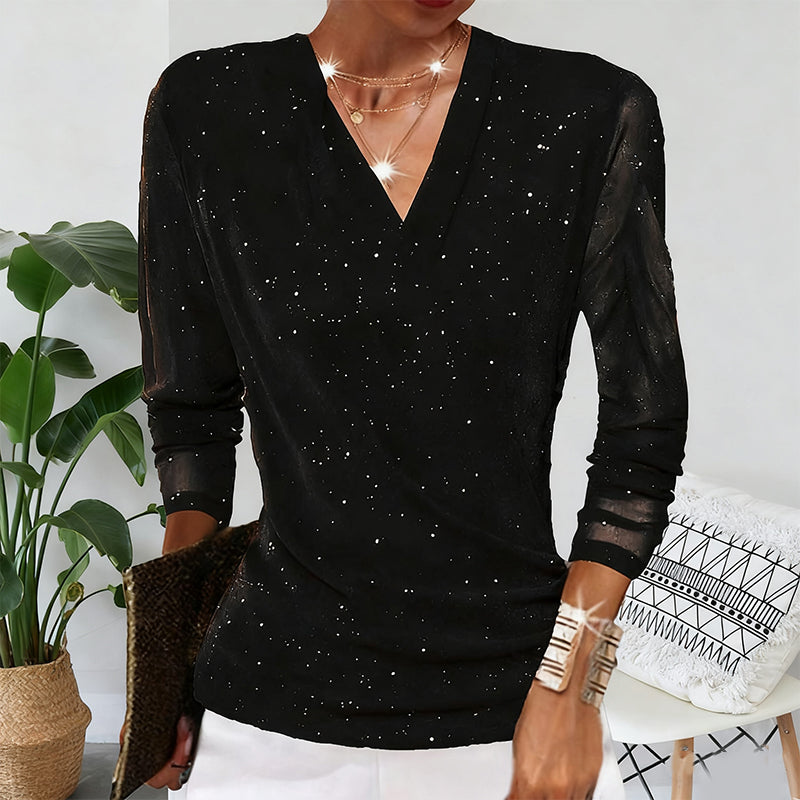 Althea | Sparkling Crossover V-Neck Mesh Sleeve Top