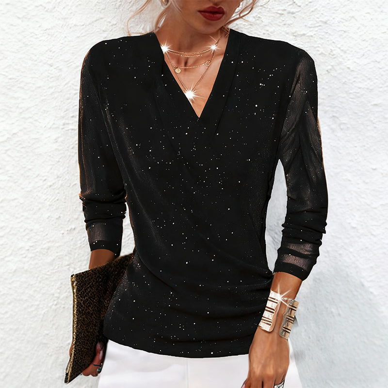 Althea | Sparkling Crossover V-Neck Mesh Sleeve Top