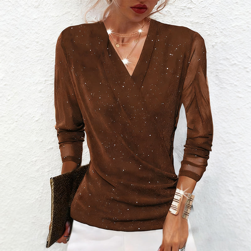 Althea | Sparkling Crossover V-Neck Mesh Sleeve Top