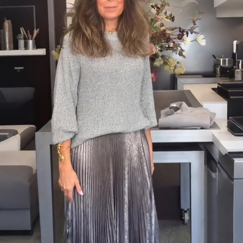 Elise | Knit Top & Metallic Pleated Skirt Set