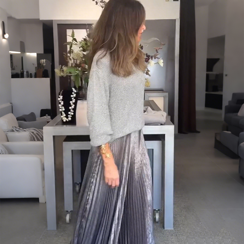 Elise | Knit Top & Metallic Pleated Skirt Set